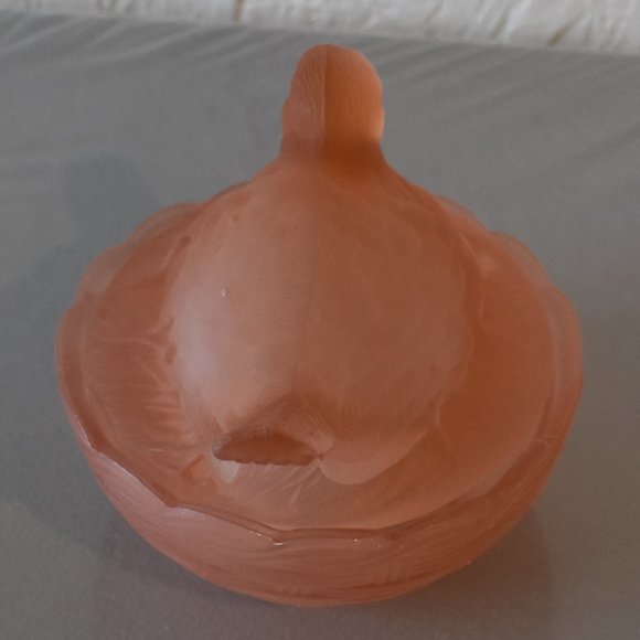Heisey Frosted/Satin Pink Glass Robin on Basket Candy Dish - Picture 5 of 6
